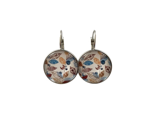 Boucles d'oreilles cabochon, dormeuses, argentées, rondes, feuillage, automne, cabochon verre