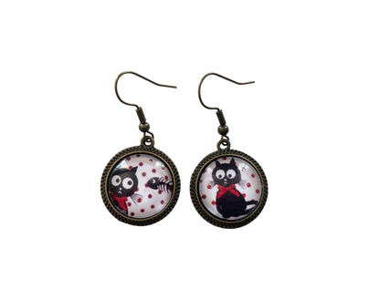 Boucles d’oreilles cabochon pendantes, bronze, chats et poissons, cabochon verre