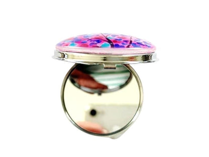 Miroir de poche, miroir de sac,  décoré avec cabochon en verre, arbre de vie rose