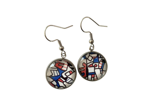 Boucles d’oreilles cabochon pendantes, argentées, Dubuffet, peinture, cabochon verre
