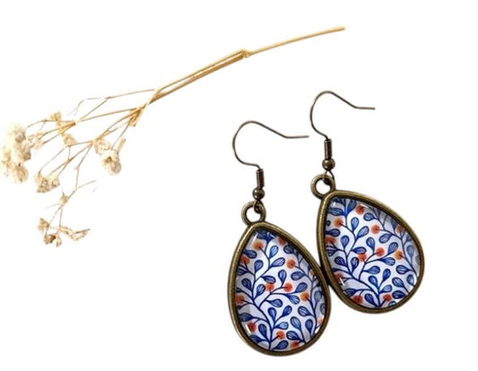 Boucles d’oreilles cabochon bronze, gouttes, feuillage, fleurs,  tendance, cabochon verre