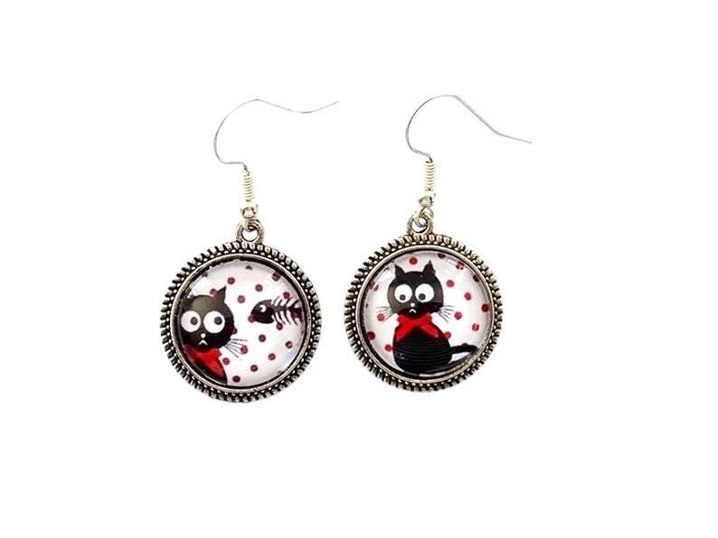Boucles d’oreilles cabochon pendantes, argentées, chats et poissons, cabochon verre