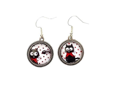 Boucles d’oreilles cabochon pendantes, argentées, chats et poissons, cabochon verre