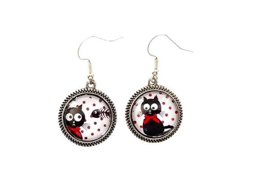 Boucles d’oreilles cabochon pendantes, argentées, chats et poissons, cabochon verre