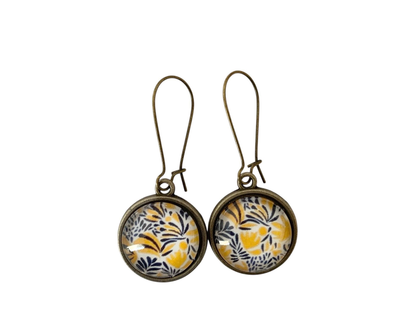 Boucles d'oreilles cabochon pendantes, esprit végétal,  cabochons en verre