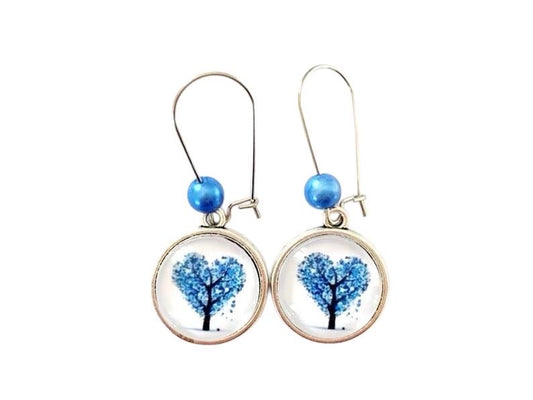Boucles d'oreilles rondes, arbre de vie, cabochon verre