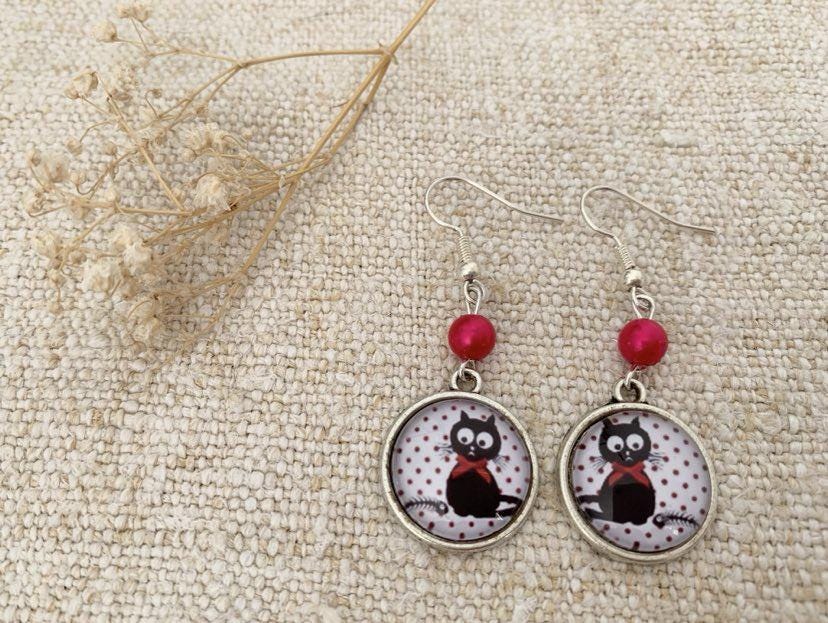 Boucles d'oreilles rondes, chat, cabochon verre