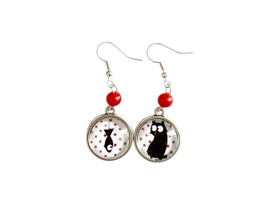 Boucles d'oreilles pendantes cabochon, rondes, chats et poisson, cabochon en verre