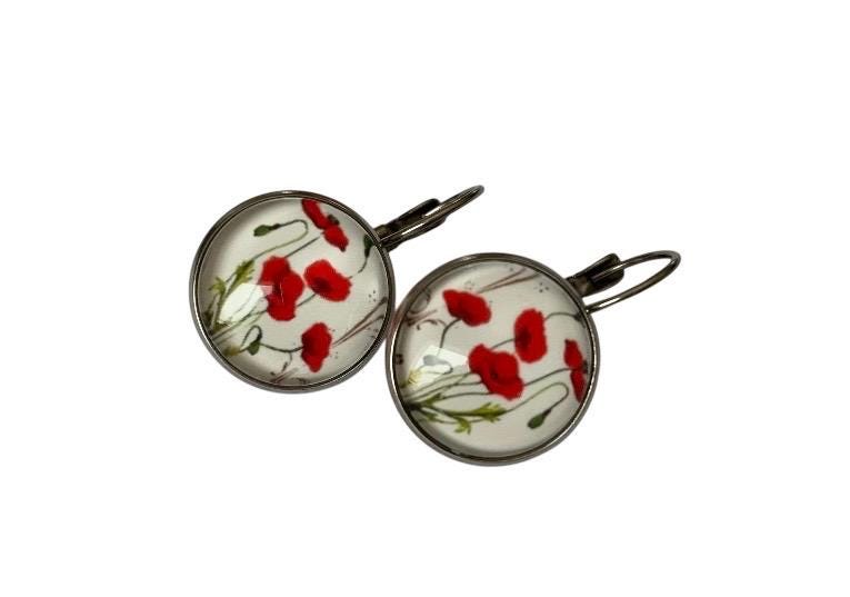 Boucles d’oreilles cabochon dormeuses, fleurs, romantique, coquelicots, esprit japonnais,