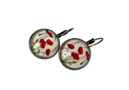 Boucles d’oreilles cabochon dormeuses, fleurs, romantique, coquelicots, esprit japonnais,