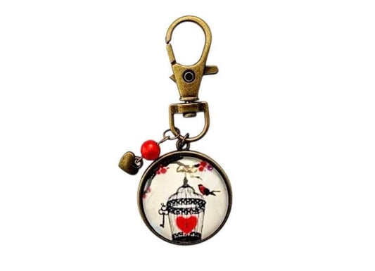 Porte clé, bijou de sac, bronze, cage, oiseau, romantique,  cabochon verre