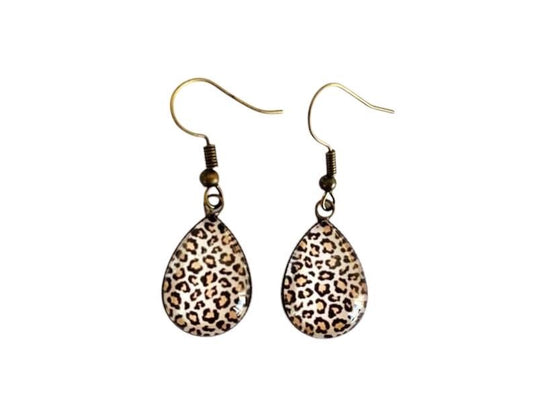 Boucles d'oreilles gouttes , boucles léopard, motif léopard, cabochon verre