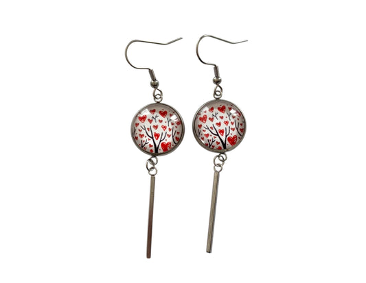 Boucles d'oreilles cabochon, pendantes, argentées, rondes, arbres à coeurs, cabochon verre
