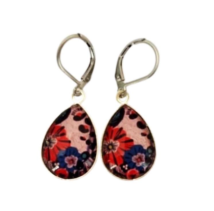 Boucles d’oreilles cabochon, gouttes, fleurs, esprit japonnais, tendance, cabochon verre
