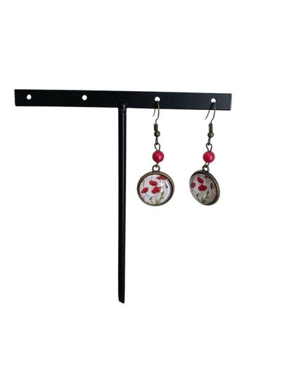 Boucles d'oreilles rondes, végétal, coquelicots rouges, cabochon verre