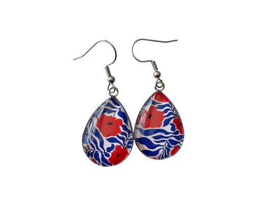 Boucles d'oreilles pendantes gouttes, argentées, fleurs, esprit végétal, feuilles,  cabochon verre