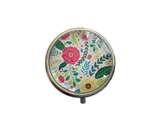 Pilulier de poche, voyage, pour sac à main, fleurs, décor champêtre, boîte à pilules, médicaments, cabochon en verre