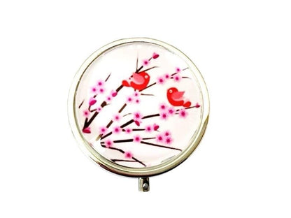 Pilulier de poche, voyage, pour sac à  main, fleurs Sakura et petits oiseaux, boîte à pilules, médicaments, cabochon en verre