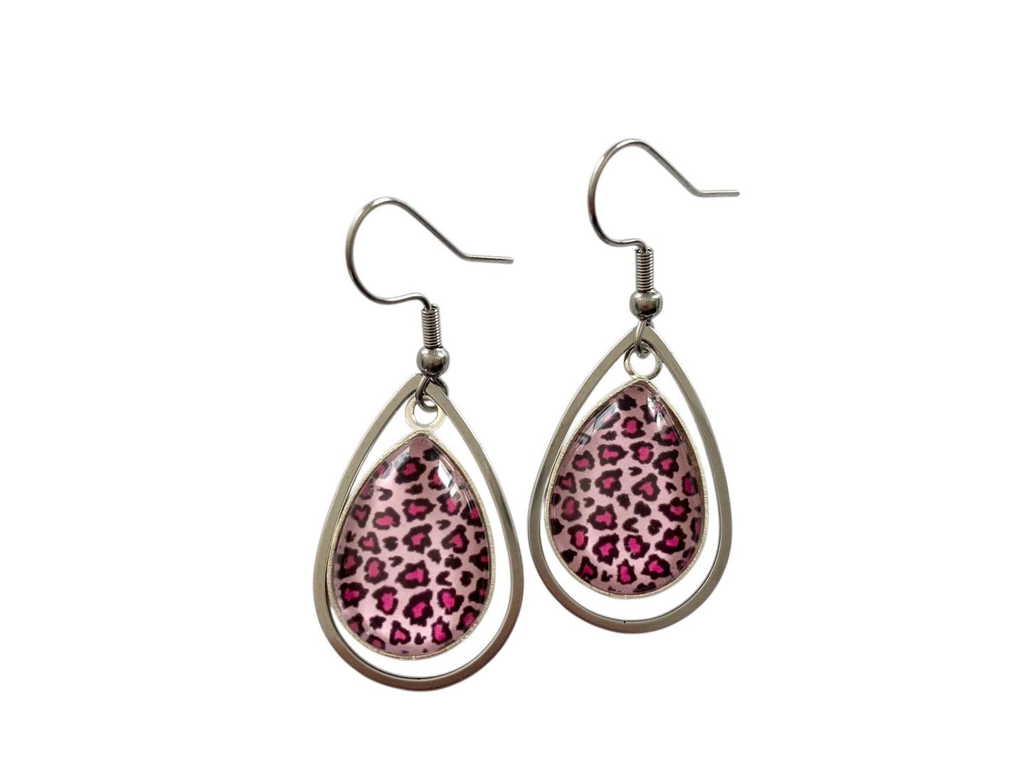 Boucles d'oreilles gouttes , boucles léopard, motif léopard, cabochon verre