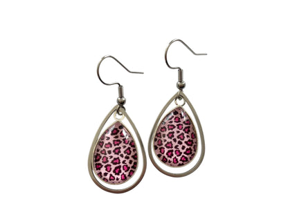 Boucles d'oreilles gouttes , boucles léopard, motif léopard, cabochon verre