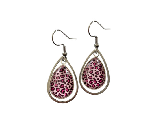 Boucles d'oreilles gouttes , boucles léopard, motif léopard, cabochon verre