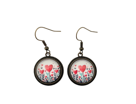 Boucles d'oreilles pendantes, bronze, végétal coeurs, cabochons verre