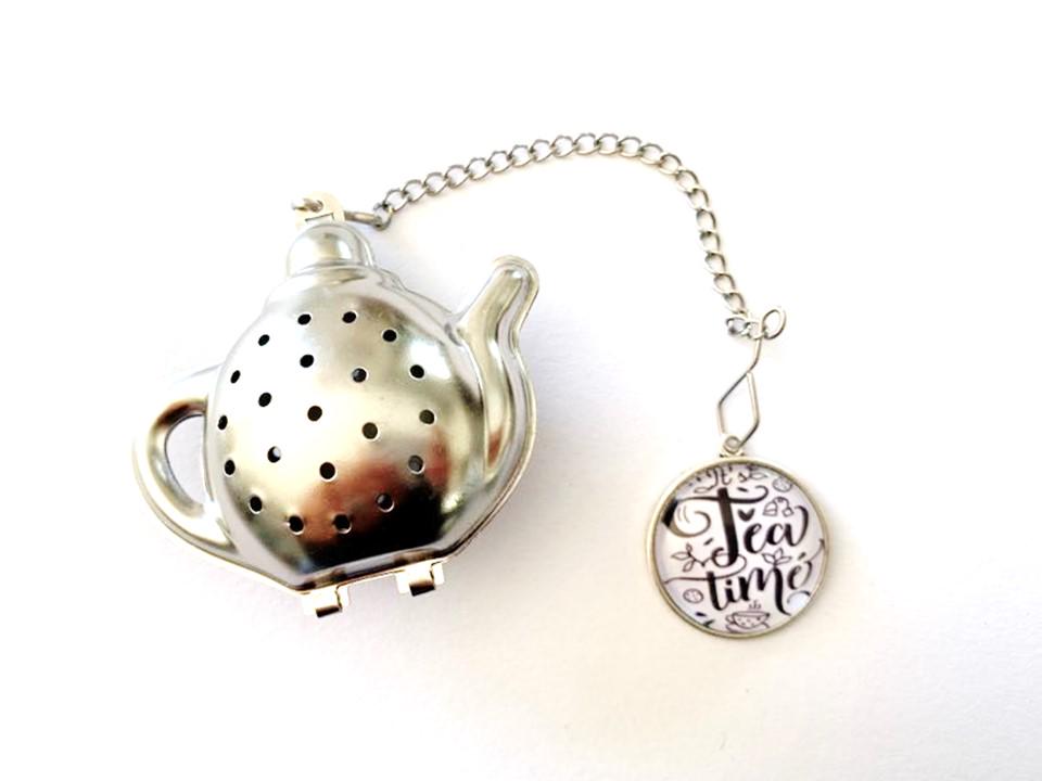 Infuseur à thé, boule à thé, forme théière, avec pendentif cabochon en verre