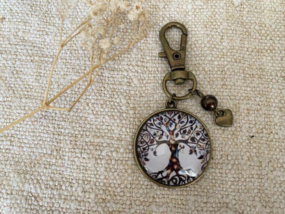 Porte clé, bijou de sac, bronze, arbre de vie, cabochon verre
